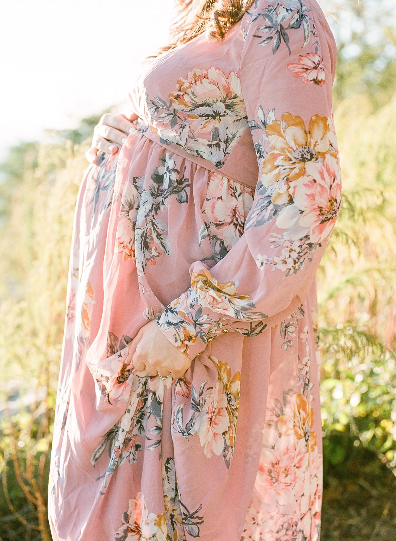 floral maternity gown, baby bump