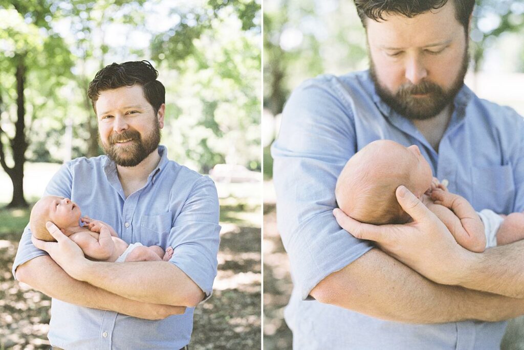 father, son, dad, outdoors, natural light, newborn