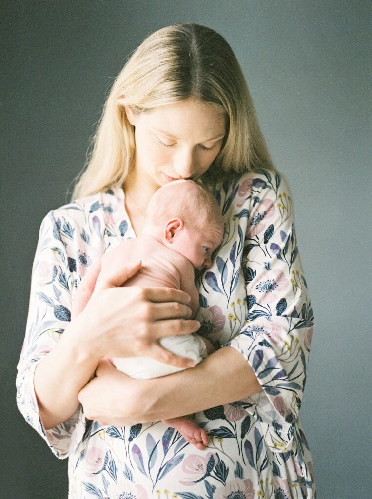 mother and son, newborn, at home, film, robe